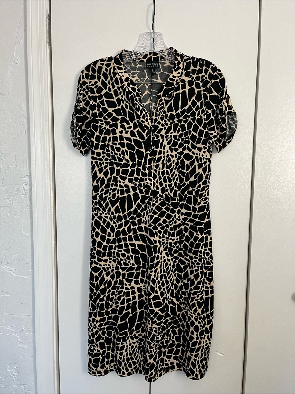 Giraffe Print Short Sleeve Dress with Buttons